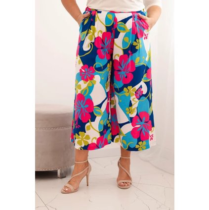 Dámske nohavice Plus Size viskózové s kvetinovým vzorom fuksia