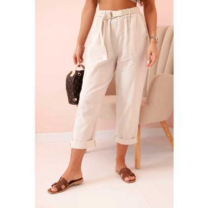 Dámske ľanové nohavice s bavlnou a opaskom béžové