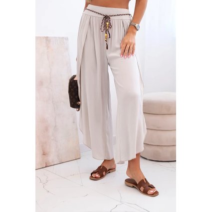 Dámske viskózové nohavice s rozparkom na nohaviciach tmavo béžové