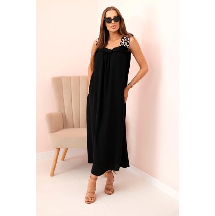 Dámske šaty s ramienkami čierne s leopardím vzorom