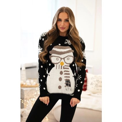 Čierny vianočný sveter so snehuliakom