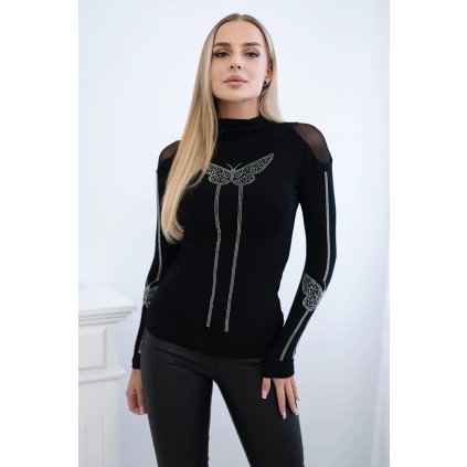 Čierna pletená blúzka s motýľom z kamienkov