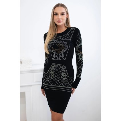 Pletené šaty s čierno-strieborným vzorom s kryštálikmi čierne