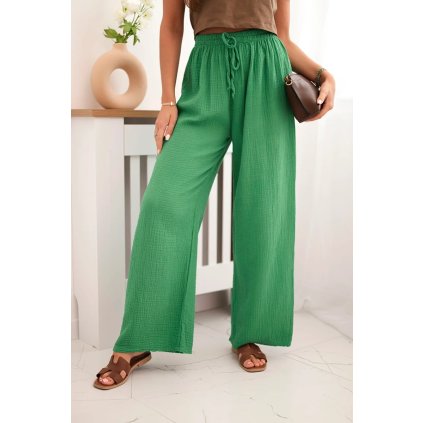 Zelené mušelínové nohavice so širokými nohavicami