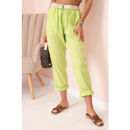 Dámske ľanové nohavice s bavlnou a opaskom svetlozelené