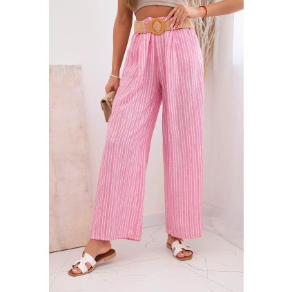 Dámske viskózové nohavice s pruhmi so širokou nohavicou ružové
