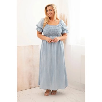 Dámske plus size šaty s krátkym rukávom a riasením z tencelu maxi svetlé rifľové