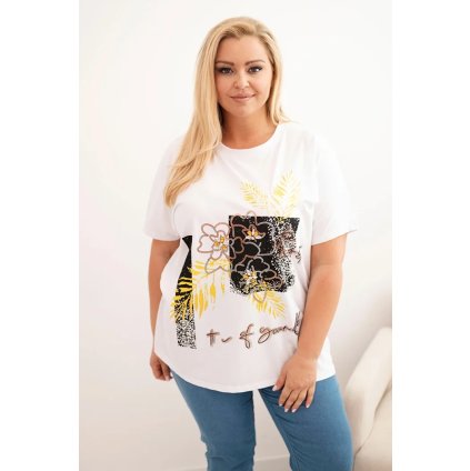 Dámska bavlnená blúzka Plus Size s ozdobnou kvetinovou potlačou biela + žltá