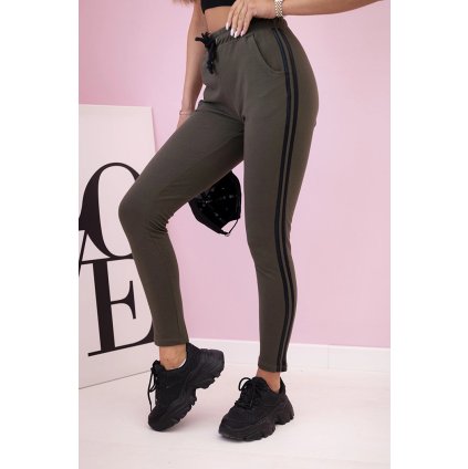 Dámske teplákové nohavice s lampasmi a viazaním v páse khaki