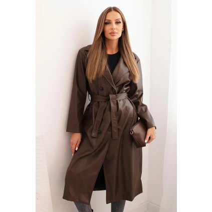 Dámsky trenčkot z eko kože s opaskom a golierom hnedý