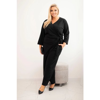 Dámsky bavlnený overal Plus Size s viazaním v páse a 3/4 rukávom čierny