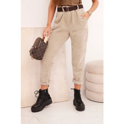 Dámske nohavice s opaskom menčestrové tmavo béžové