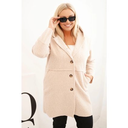 Dámsky kabát Plus Size s kapucňou a vreckami béžový