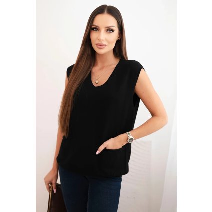 Dámsky viskózový sveter bez rukávov s vreckami a V-výstrihom čierny