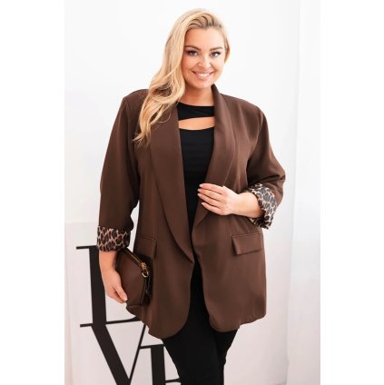 Dámske sako Plus Size s leopardovou podšívkou hnedé