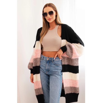 Dámsky kardigan s vlnou vo farebných pruhoch čierny