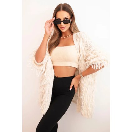 Dámsky kardigán s strapcami a voľným strihom béžový