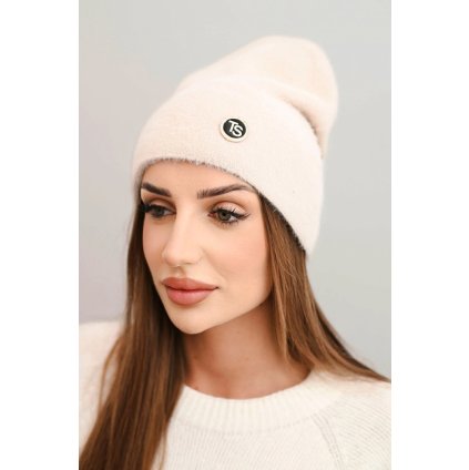 Dámska jemná čiapka z alpaky s ozdobnou plieškom tmavo béžová