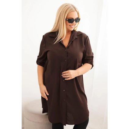 Dámske košeľové šaty Plus Size s dlhším zadným dielom a vyhrnutým rukávom hnedé
