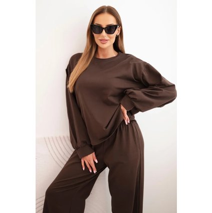Dámska bavlnená súprava so širokými nohavicami a dlhými rukávmi hnedá