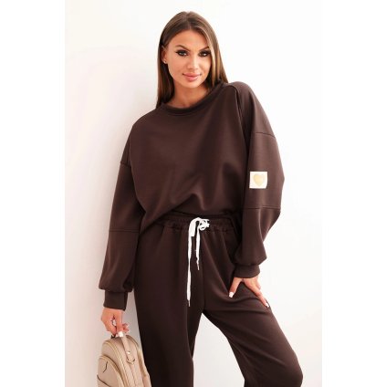 Dámsky maslový komplet s voľnou mikinou a nohavicami s nápisom LOVE hnedý