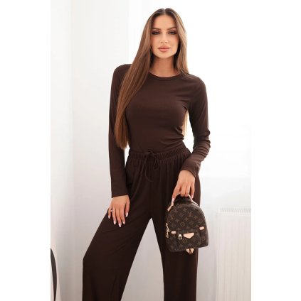 Viskózový dámsky komplet s blúzkou a širokými nohavicami hnedý