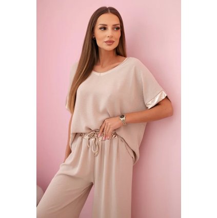 Súprava z viskózy so zlatým lemovaním tmavo béžová