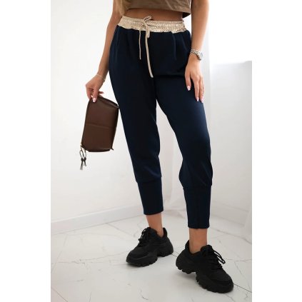 Maslové nohavice so zlatým sťahovačom v páse tmavomodré