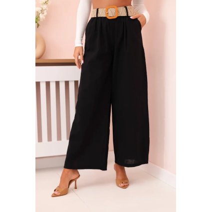 Dámske ľanové nohavice so širokou nohavicou a opaskom čierne