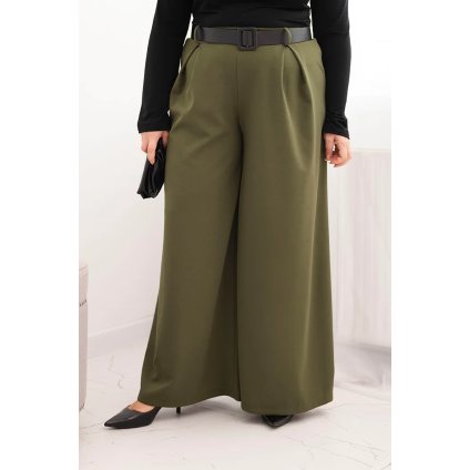 Dámske nohavice Plus Size so širokými nohavicami a khaki opaskom