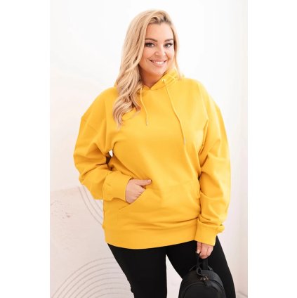 Dámska mikina s očkami Plus Size bavlnená s kapucňou a klokaním vreckom horčicová