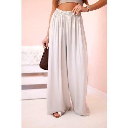 Dámske široké viskózové nohavice s gumou v páse, tmavohnedé.