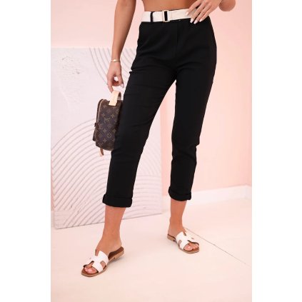 Dámske nohavice z viskózy s opaskom a vyhrnutými nohavicami čierne