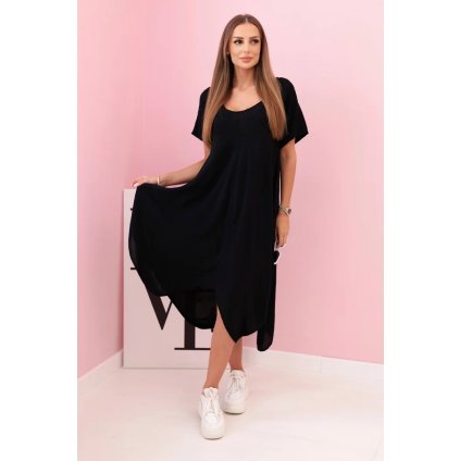 Dámske šaty z viskózy s krátkym rukávom a rozšírenou sukňou čierne