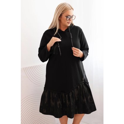 Dámske šaty Plus Size bavlnené s kapucňou a volánom čierne