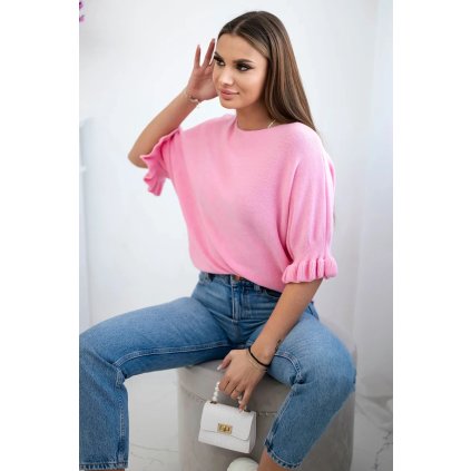 Sveter s volánikom na rukáve svetloružový