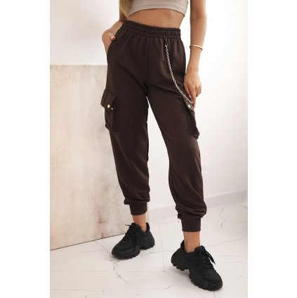 Dámske bavlnené cargo nohavice s vreckami a reťazou hnedé