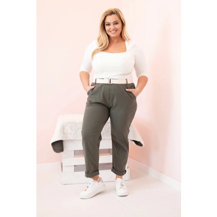 Dámske bavlnené nohavice Plus Size s opaskom khaki