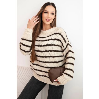 Dámsky pruhovaný sveter s vlnou voľného strihu béžový