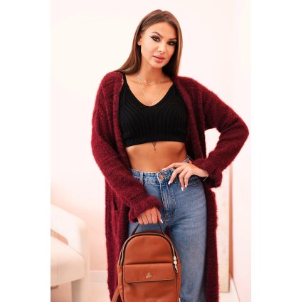 Dámsky kardigán z mohéru, dlhý, s vreckami, bordový