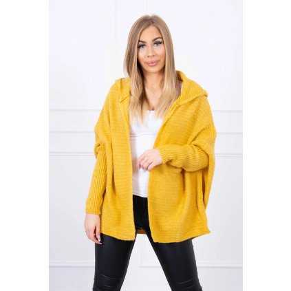 Horčicový sveter s kapucňou a netopierími rukávmi