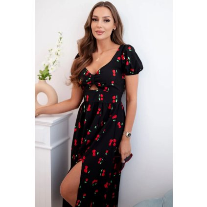 Dámske šaty s nadýchanými rukávmi a potlačou čierne