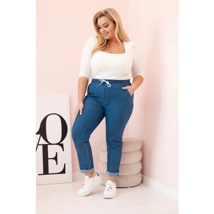 Dámske bavlnené nohavice Plus Size s elastickým pásom a viazaním rifľové