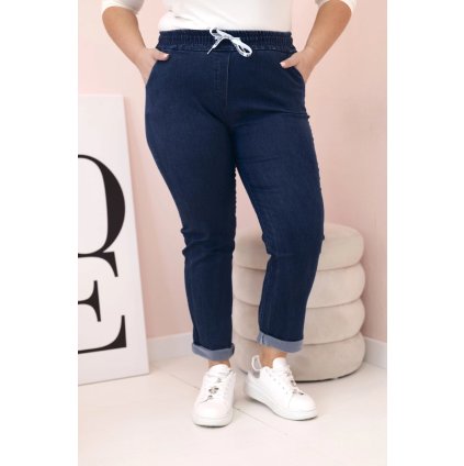 Dámske bavlnené nohavice Plus Size s elastickým pásom a viazaním tmavo džínové