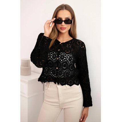 Dámsky ažúrový letný sveter s gombíkmi a dlhým rukávom čierny