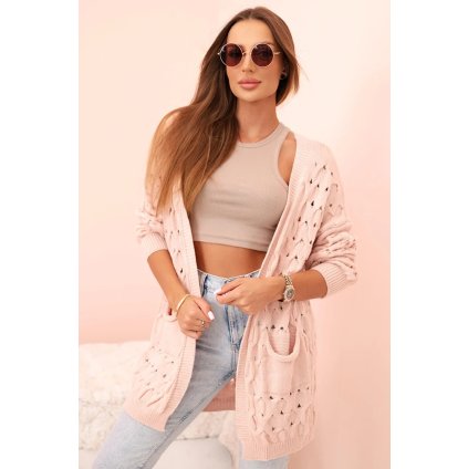 Dámsky ažurový kardigán s vreckami púdrovo ružový