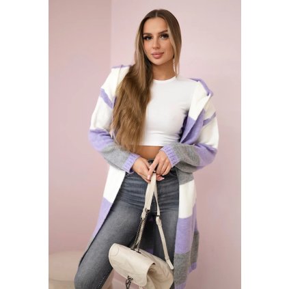 Sveter s pruhmi trojfarebný ecru+fialový+šedý