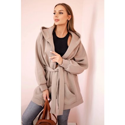Zateplený prehoz s viazaním v páse tmavo béžový