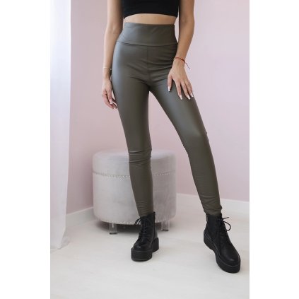Zateplené legíny z eko kože khaki