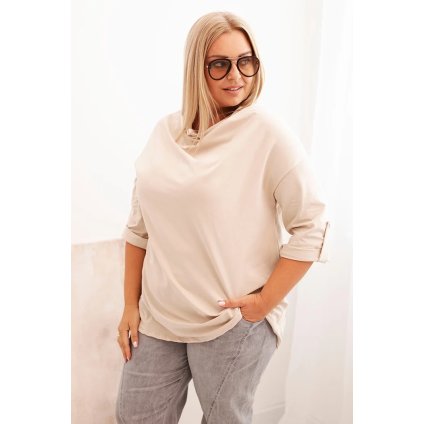 Dámska blúzka Plus Size z bavlnou voľného strihu s vodným výstrihom béžová